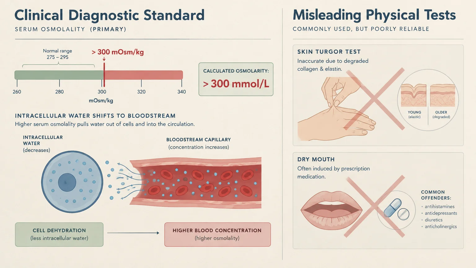 Infographic showing serum osmolality diagnostic standards alongside misleading physical tests like skin turgor and dry mouth.