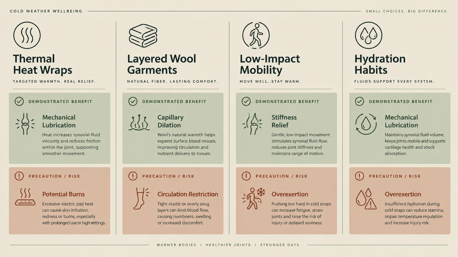 Diagram detailing benefits and precautions for thermal heat wraps, layered wool garments, low-impact mobility, and hydration.