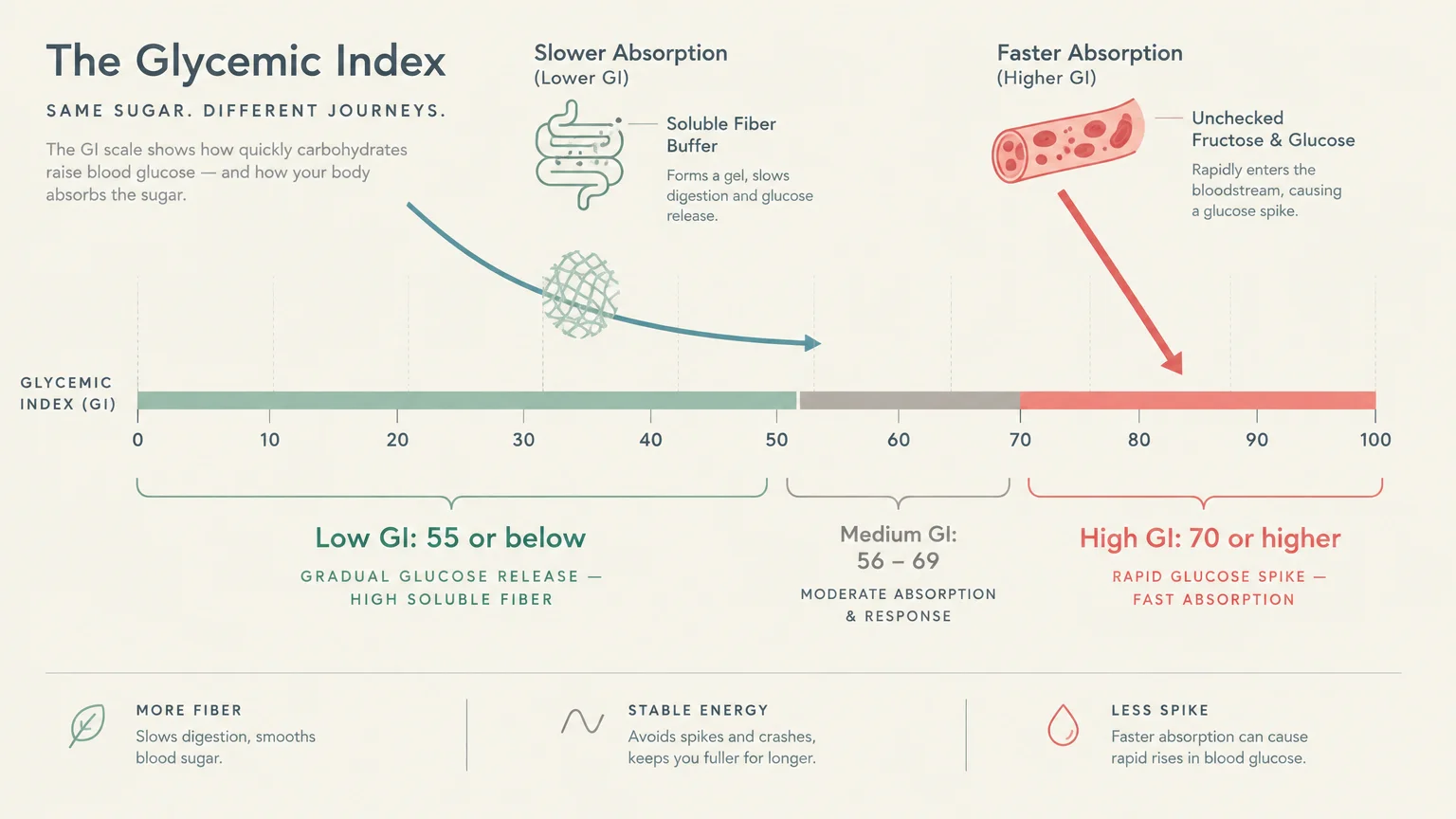 Diagram of the Glycemic Index scale from 0 to 100, comparing low GI, medium GI, and high GI absorption speeds.