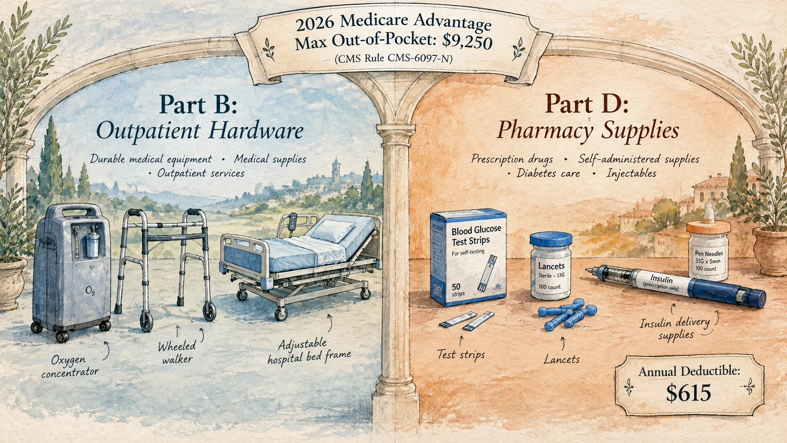 Illustration comparing Medicare Part B medical hardware with Part D diabetes and pharmacy supplies under an archway.