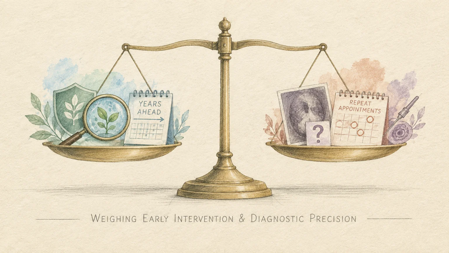 Illustration of balanced brass scales weighing early intervention icons against repeat appointment calendars and scans.