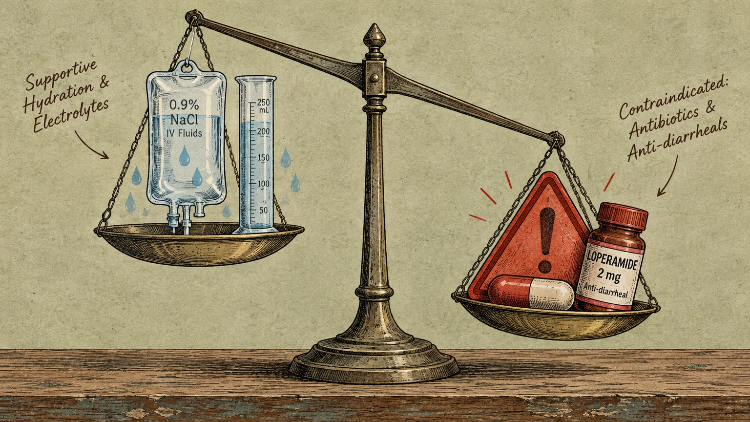 Illustration of a scale balancing IV fluids against a warning sign, pill capsule, and loperamide bottle.