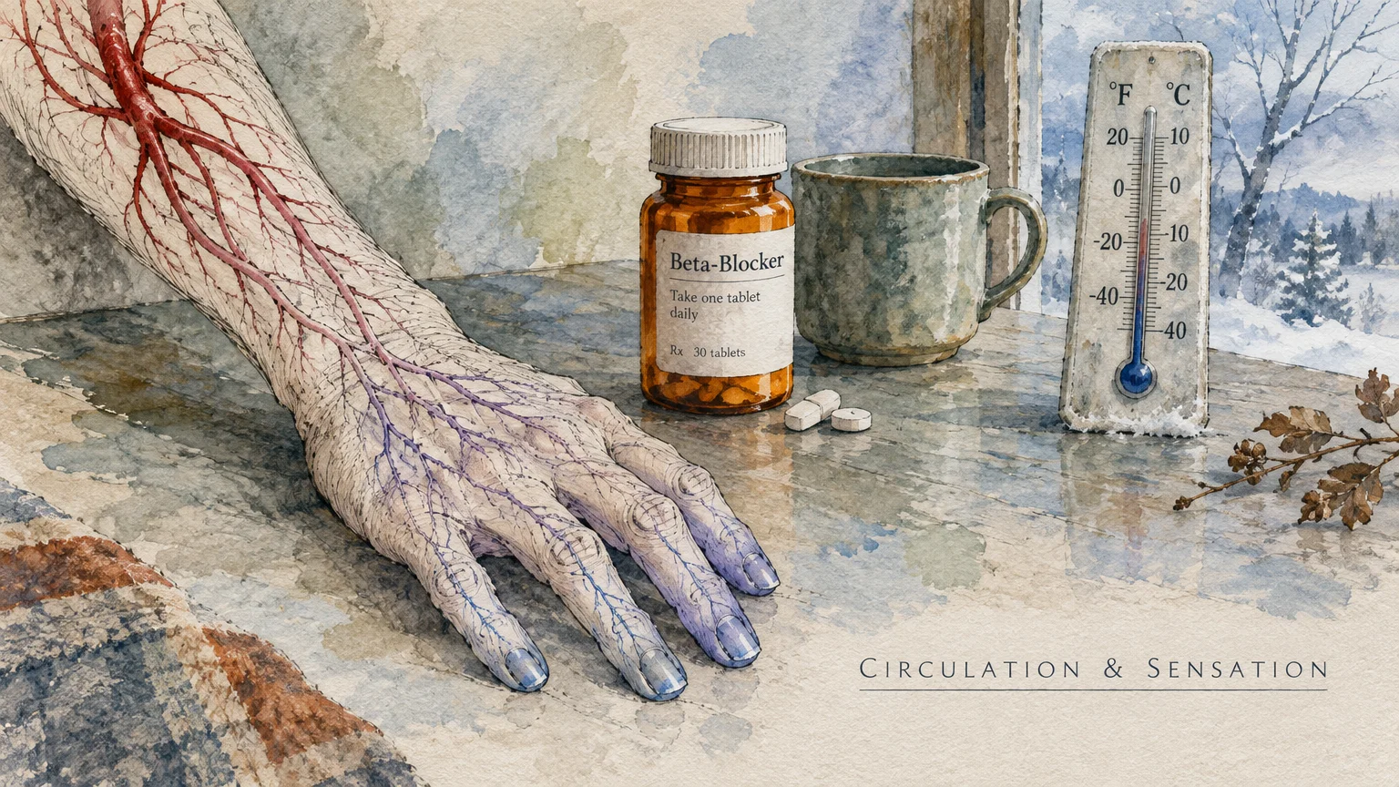 Watercolor illustration of a hand with visible veins next to a medicine bottle, mug, and thermometer by a snowy window.