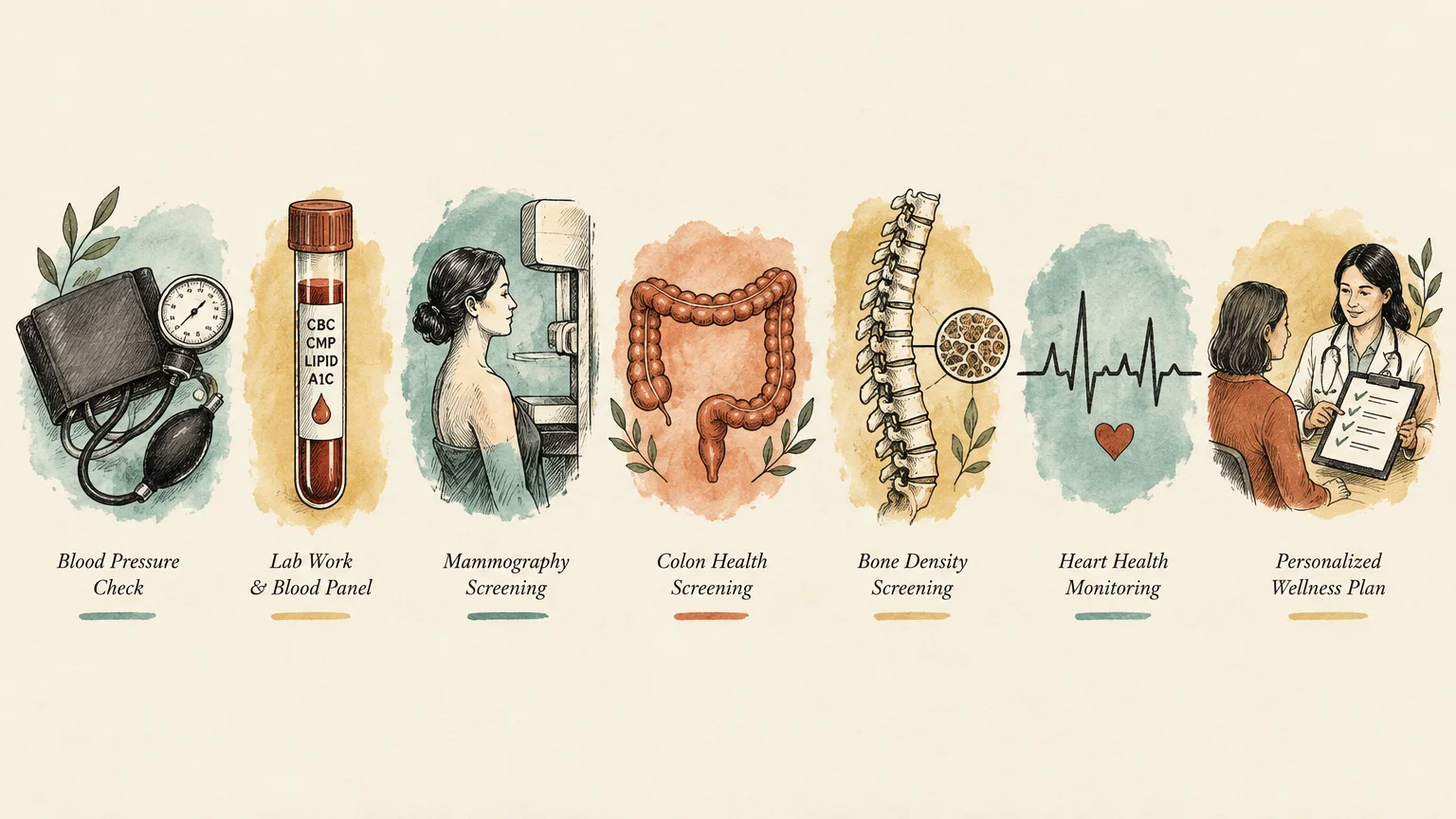 Illustrated panels showing seven medical screenings including blood pressure, lab work, mammography, and bone density scans.