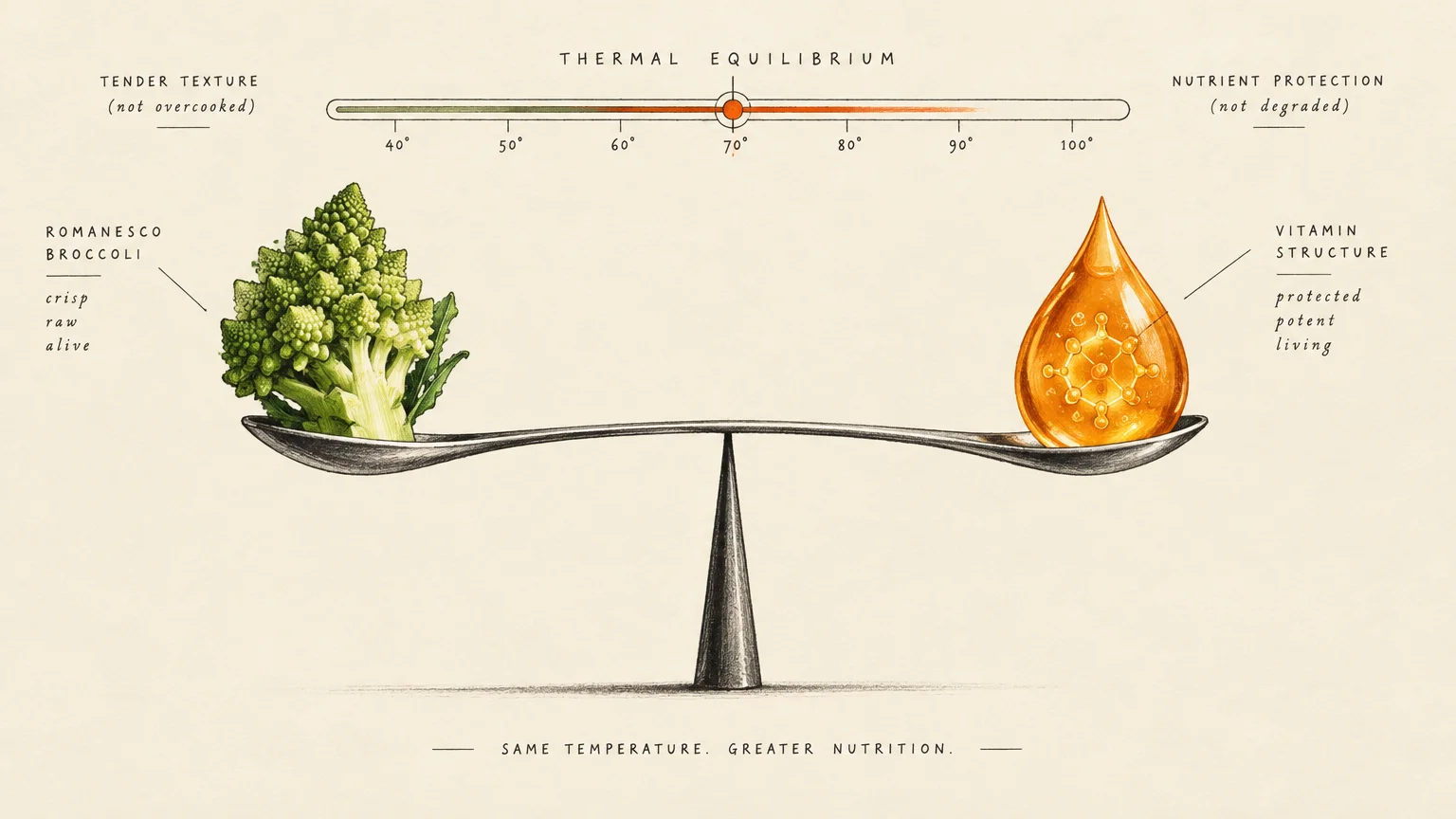 Illustration of Romanesco broccoli and a golden nutrient droplet balancing on a scale beneath a thermal equilibrium slider.