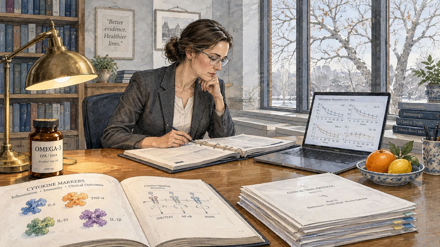 A woman in glasses studies medical research at a wooden desk with open binders, a laptop, and an omega-3 bottle.