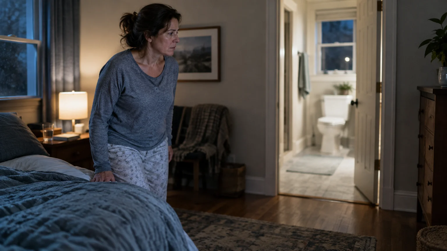 A woman in pajamas gets out of bed at night, looking toward an open bathroom door with a visible toilet.