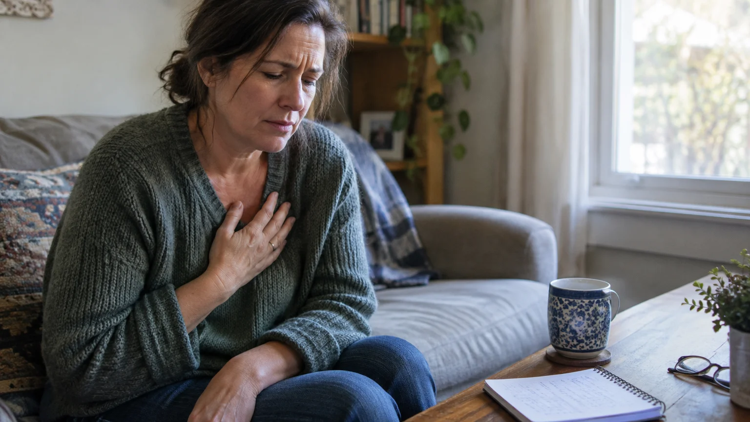 A woman sits on a living room couch with an uncomfortable expression while holding her hand against her chest.