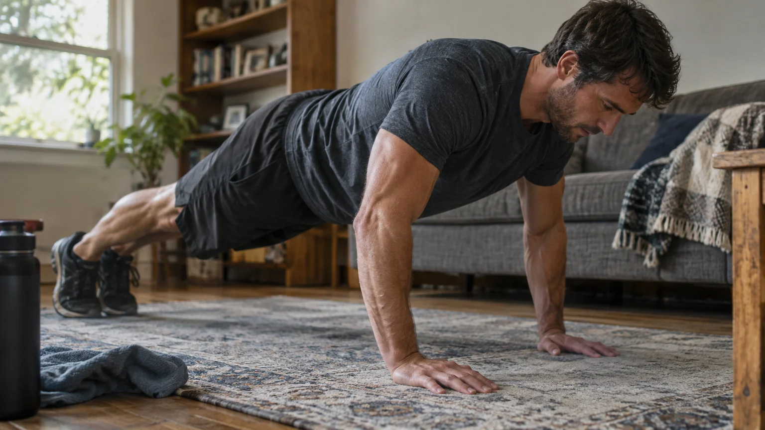 A muscular man in athletic wear holds a high plank position on a patterned living room rug.