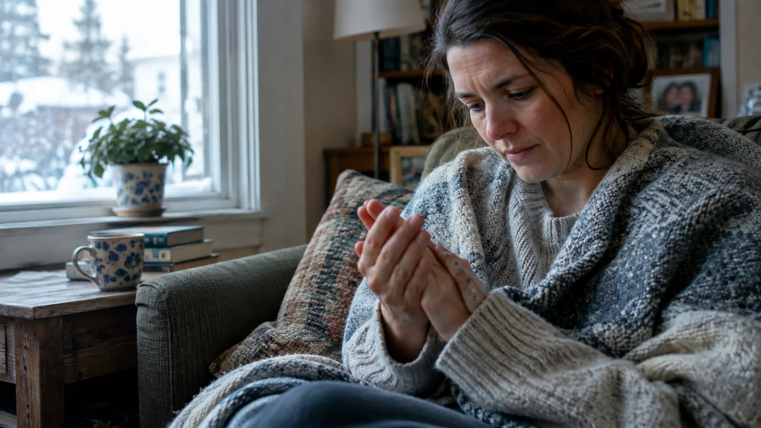A woman wrapped in a blanket sits indoors by a snowy window, looking down while rubbing her hands together.