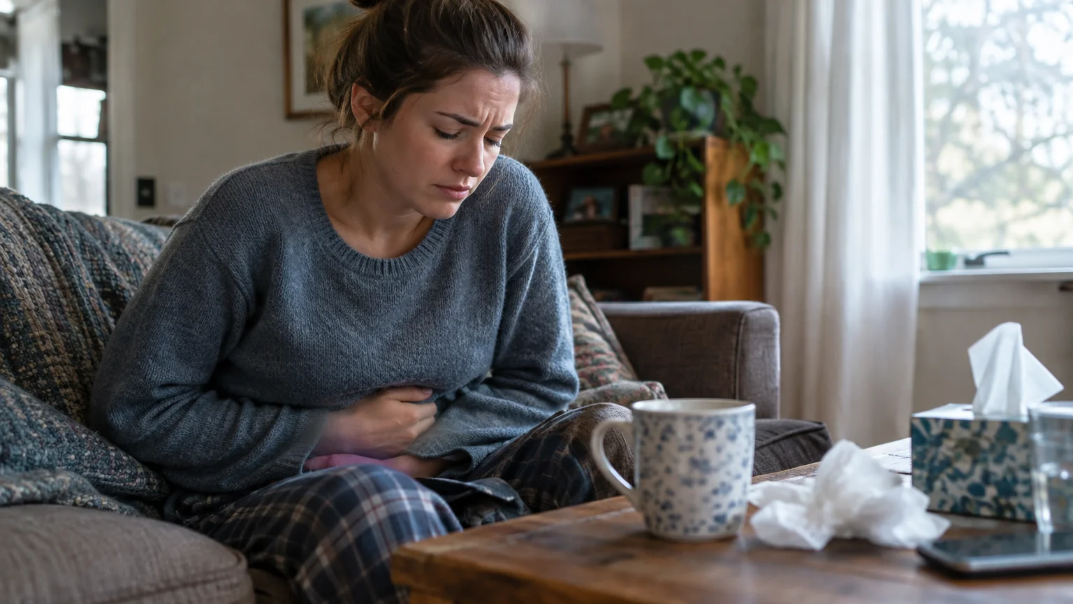 Woman sitting on a sofa clutching her stomach in pain, near a coffee table with a mug and tissues.