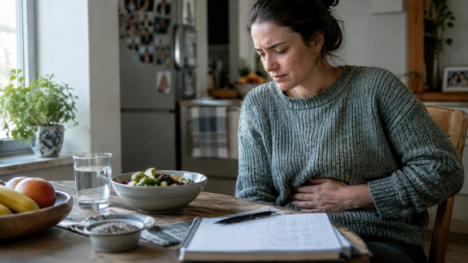 A woman in a grey sweater sits at a dining table holding her stomach in pain near a salad bowl and notebook.