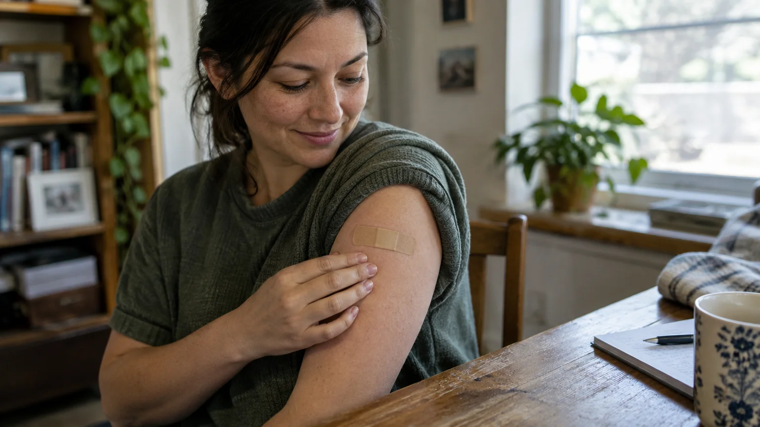 A smiling woman sitting at a wooden table touches an adhesive bandage on her upper arm.