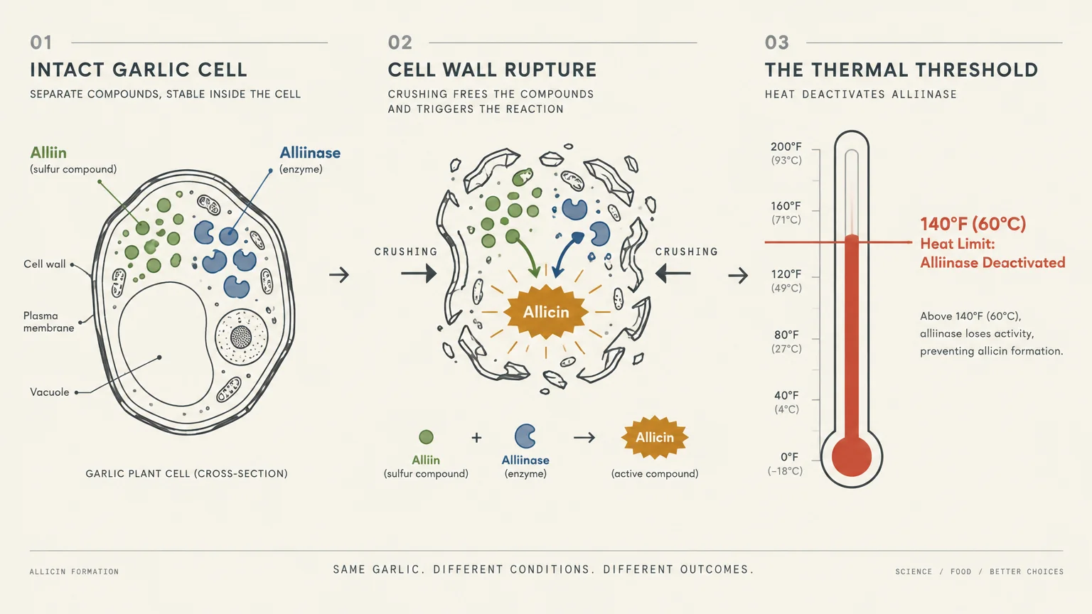 Diagram in three steps showing an intact garlic cell, cell wall rupture forming allicin, and a thermometer marking 140°F.