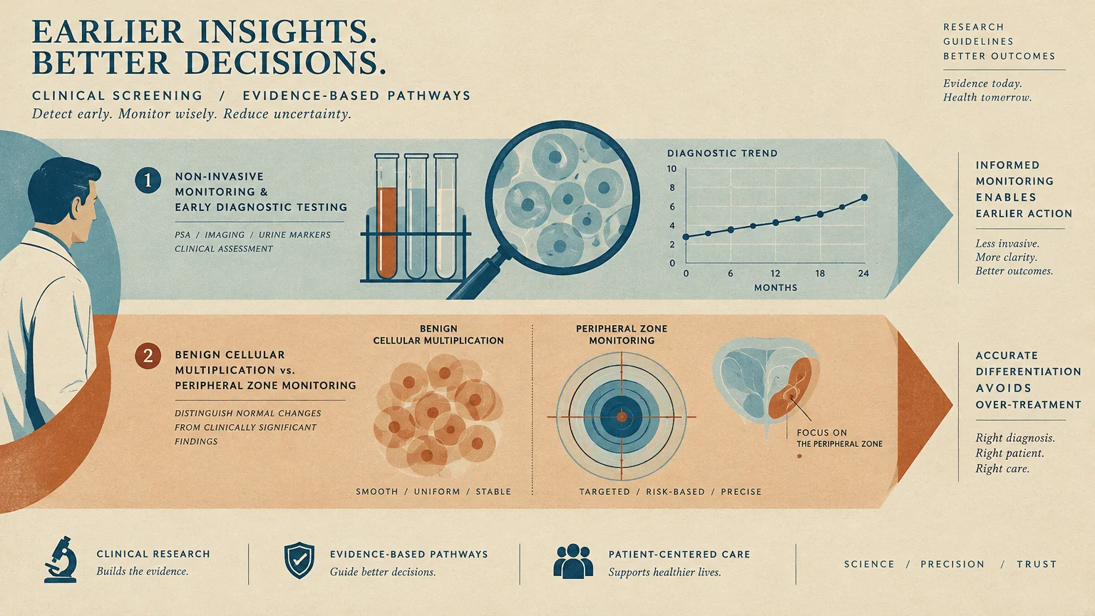 Infographic showing a clinician, test tubes, magnified cells, a line chart, and a labeled prostate diagram.