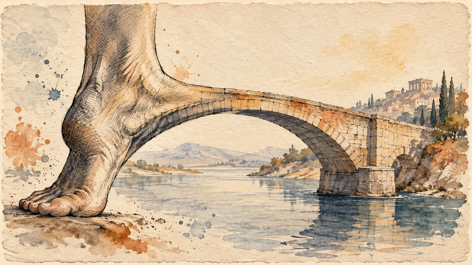 Watercolor illustration of a giant human foot blending into a stone arch bridge over a river landscape.