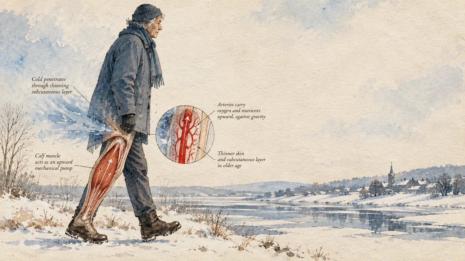 Watercolor illustration of an older man walking in snow, with anatomical cutaways showing blood flow and calf muscles.