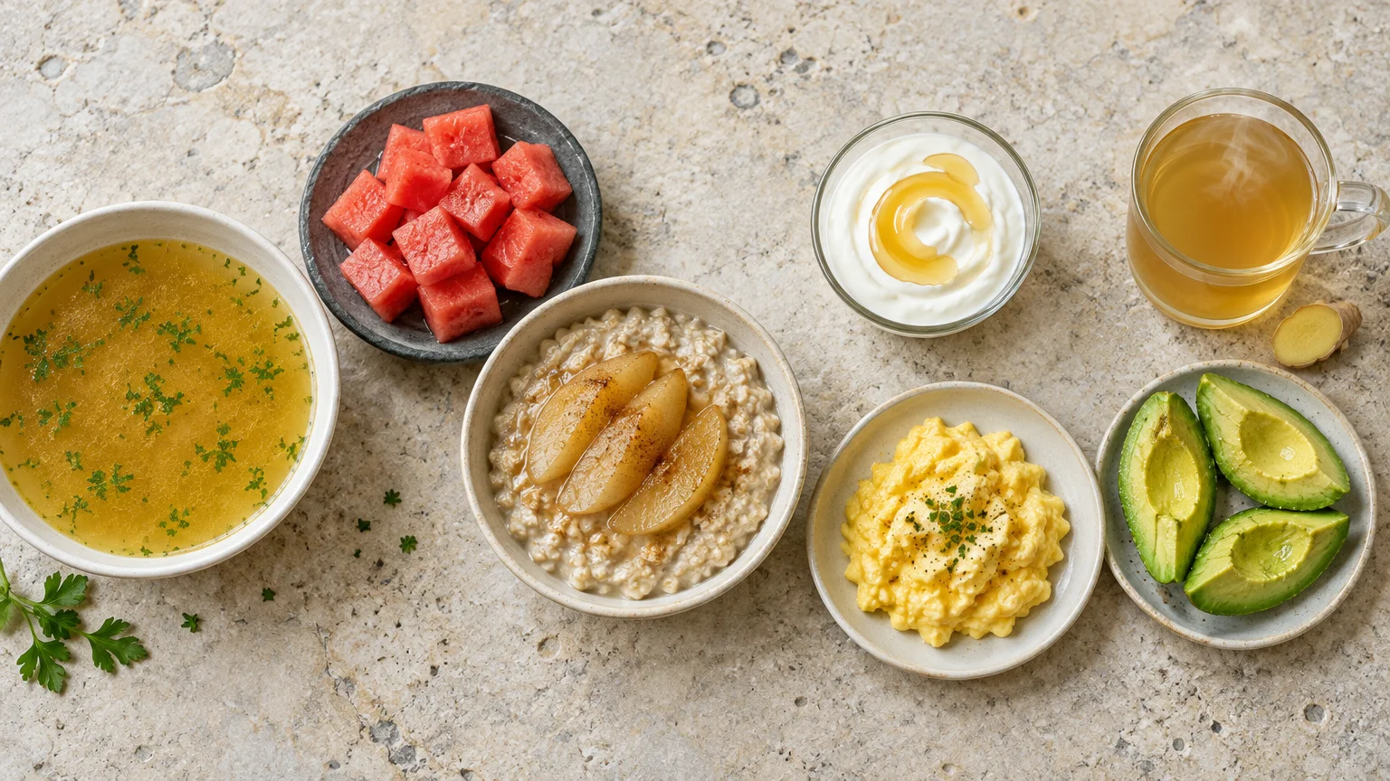 Bowls of clear broth, watermelon cubes, oatmeal, yogurt with honey, tea, scrambled eggs, and avocado on a stone counter.
