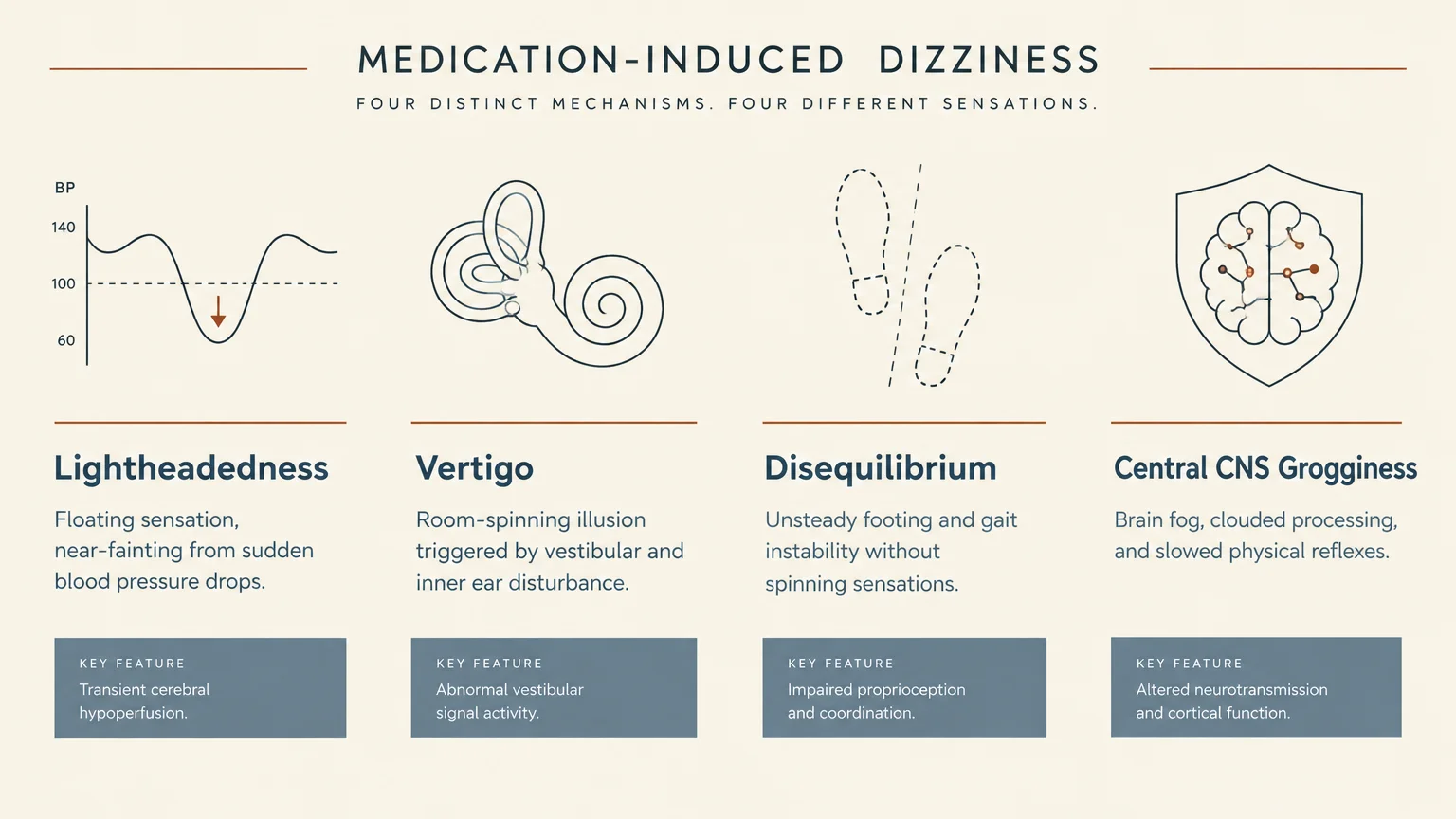 Diagram detailing four types of medication-induced dizziness: lightheadedness, vertigo, disequilibrium, and CNS grogginess.