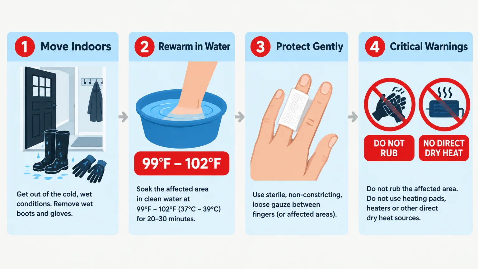 Four-step first aid guide for frostbite: move indoors, rewarm in water, protect gently with gauze, and critical warnings.