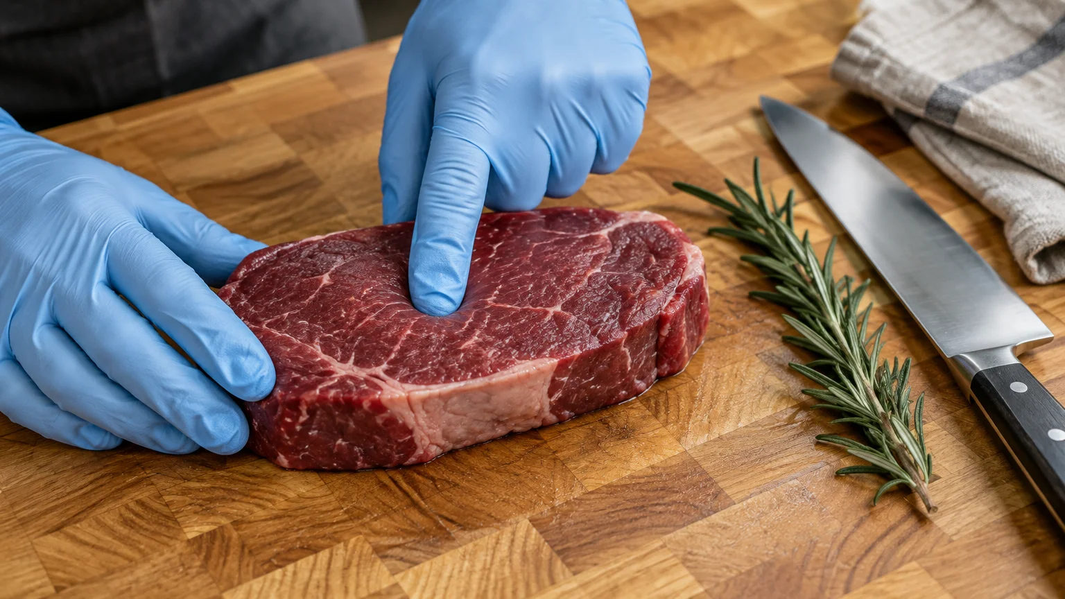 Blue-gloved hands pressing a raw beef steak on a wooden cutting board beside a knife and rosemary sprig.