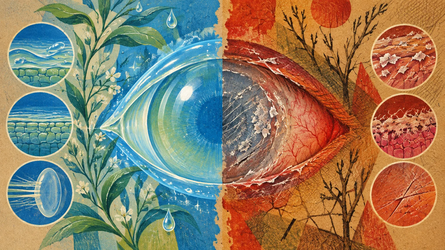 Split illustration of an eye showing a hydrated blue side with plants and an irritated, dry red side with bare branches.
