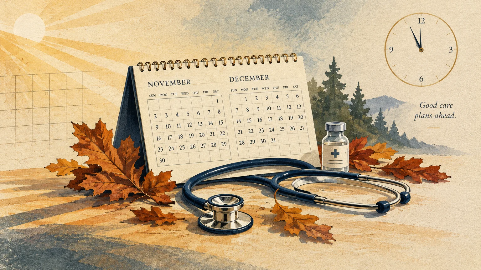 Illustration of a desk calendar showing November and December beside a stethoscope, medicine vial, and autumn leaves.