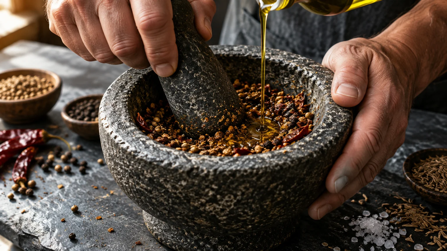 Hands grinding whole spices with a pestle inside a granite mortar as olive oil pours into the mixture.