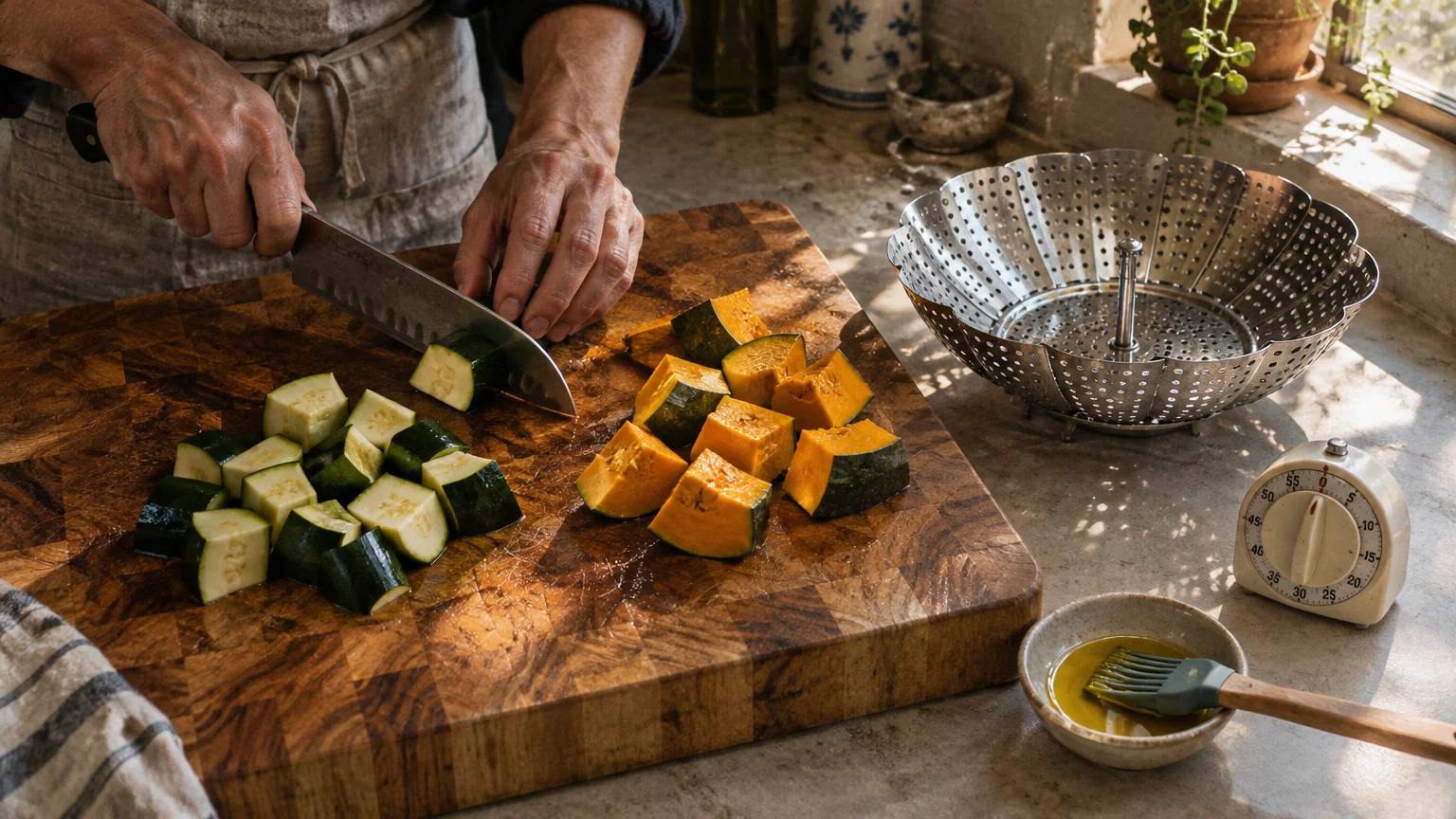 Hands chopping zucchini on a wooden board beside diced pumpkin, a metal steamer basket, oil, and a kitchen timer.