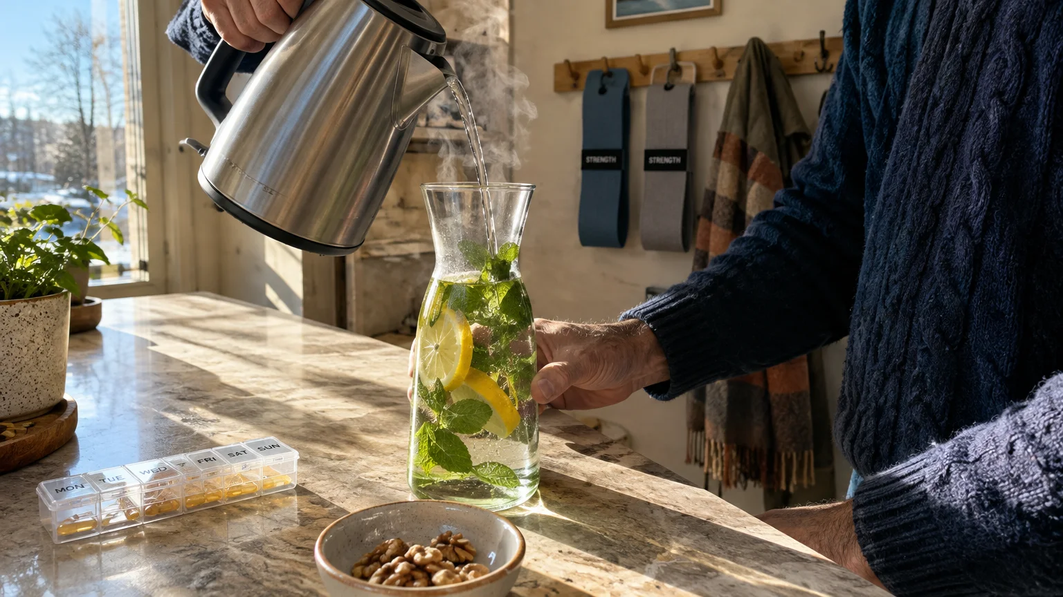 A person pouring steaming water from a kettle into a glass carafe filled with fresh lemon slices and herbs.