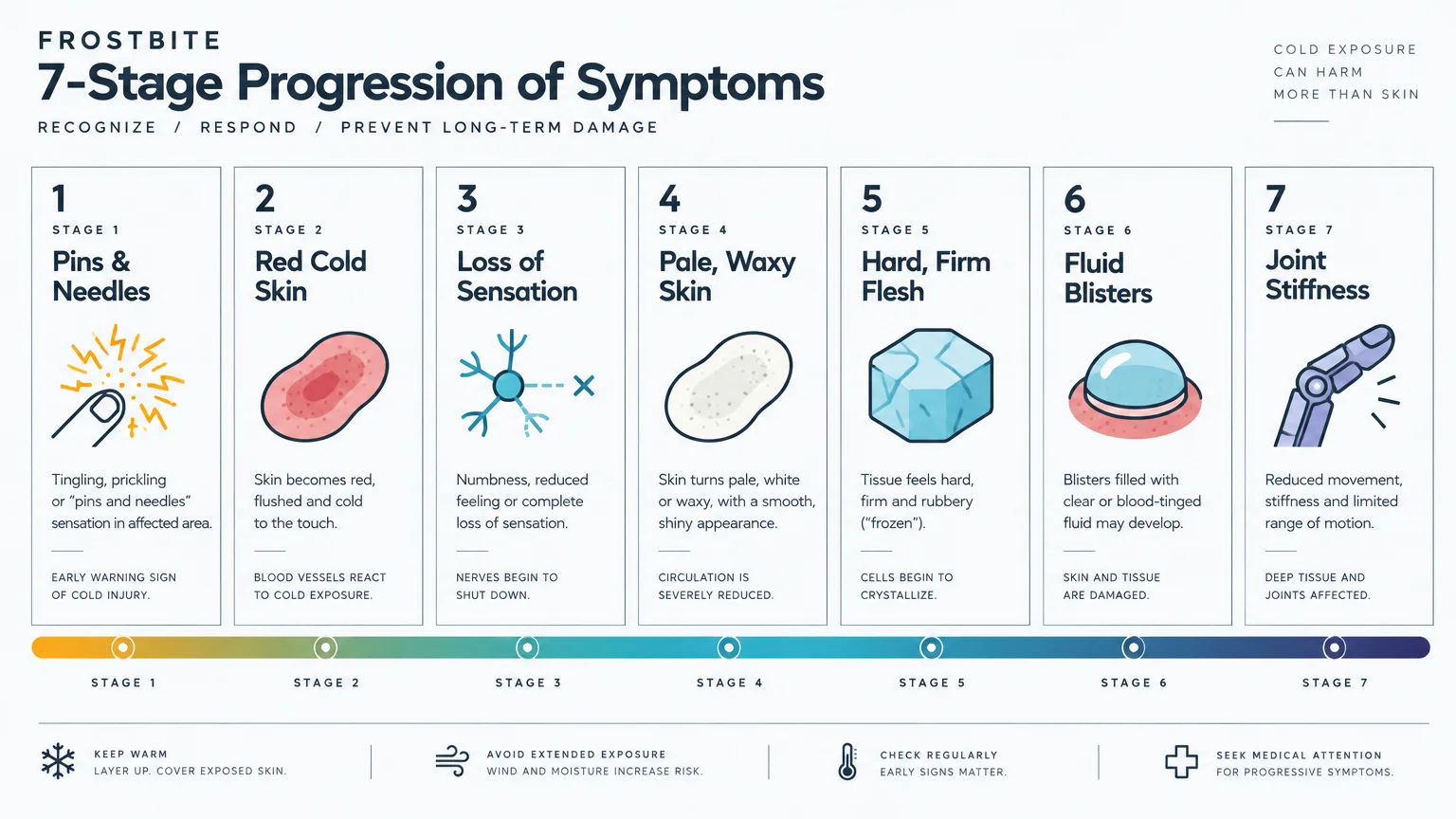 Seven-stage frostbite progression infographic showing symptoms from pins and needles to pale waxy skin and joint stiffness.