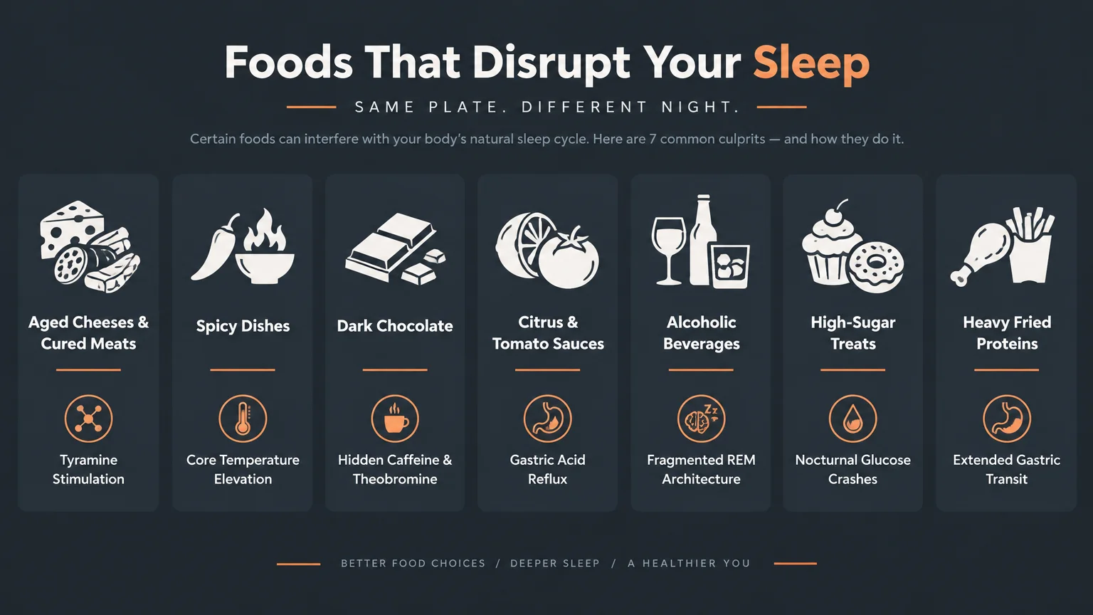 Infographic showing seven sleep-disrupting food categories with icons and their bodily effects on dark cards.