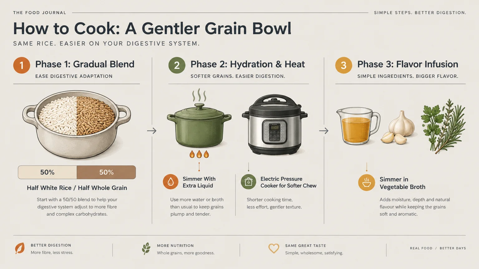 Three-phase cooking infographic showing a pot of blended grains, cooking pots, and aromatic ingredients like broth and herbs.