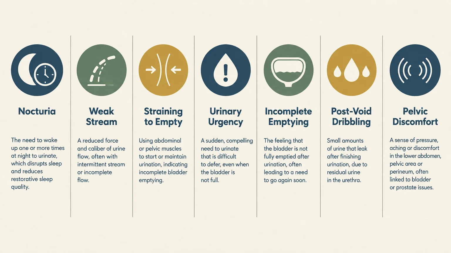 Diagram outlining seven urinary symptoms with icons and descriptions, from nocturia and weak stream to pelvic discomfort.