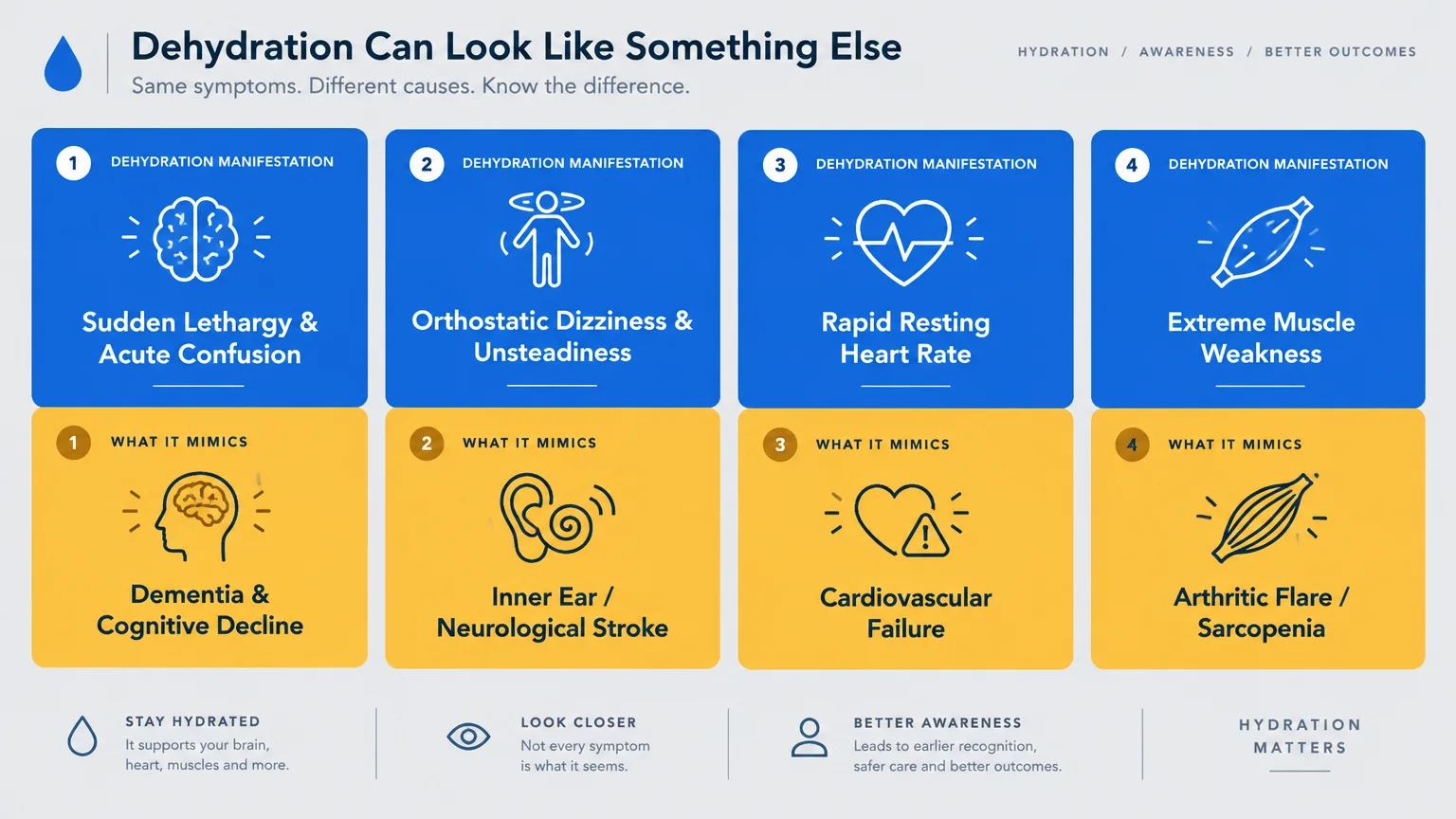 Diagram pairing four dehydration manifestations with conditions they mimic, such as acute confusion mimicking dementia.
