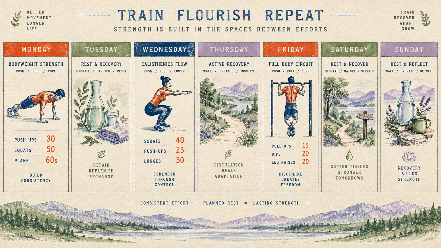 Weekly planner chart showing alternating days of strength exercises and rest, with landscape illustrations below.