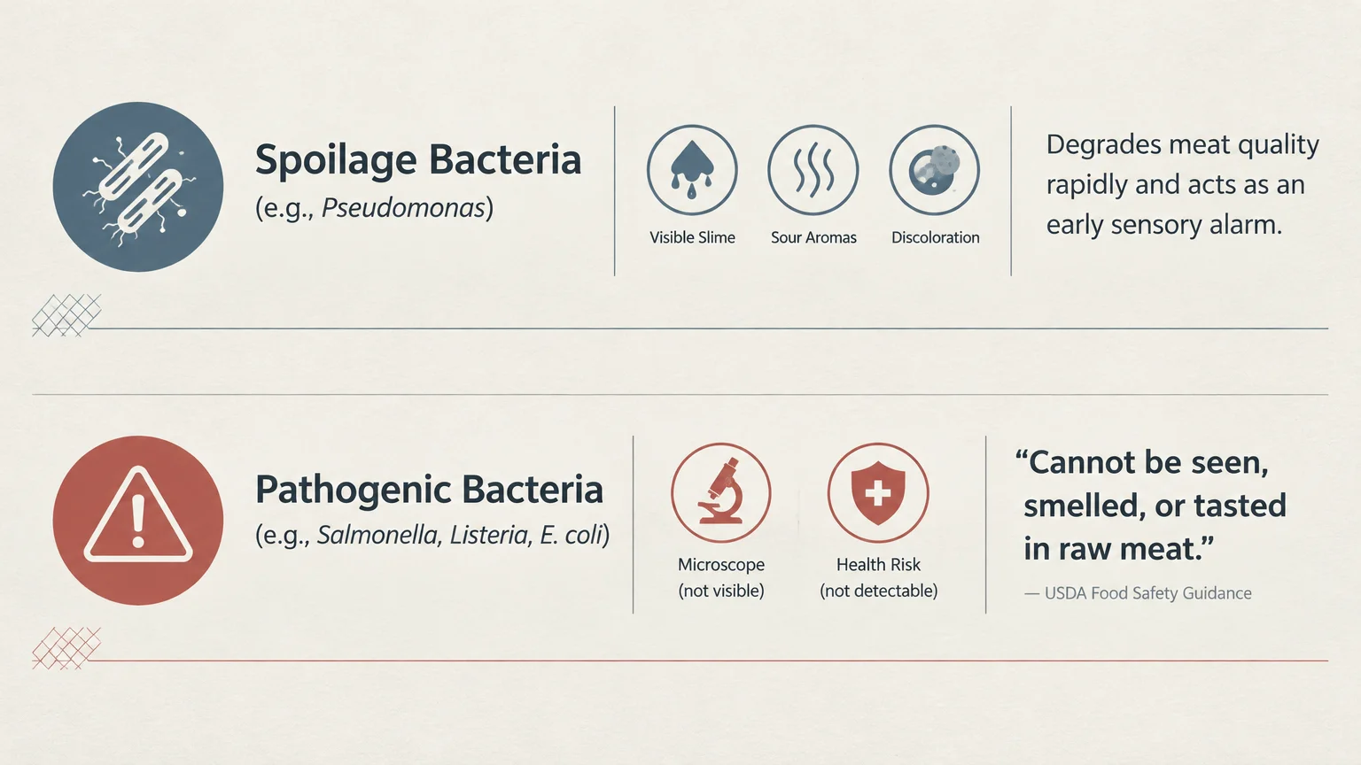 Diagram contrasting spoilage bacteria, which cause slime, odor, and discoloration, with pathogenic bacteria, which cannot be detected.