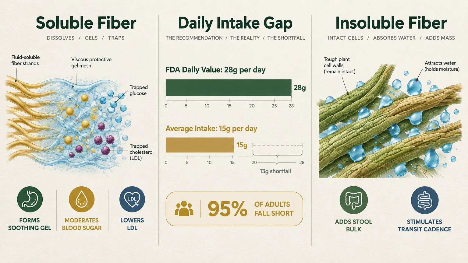 Infographic comparing soluble and insoluble fiber mechanisms alongside charts showing the daily fiber intake gap.