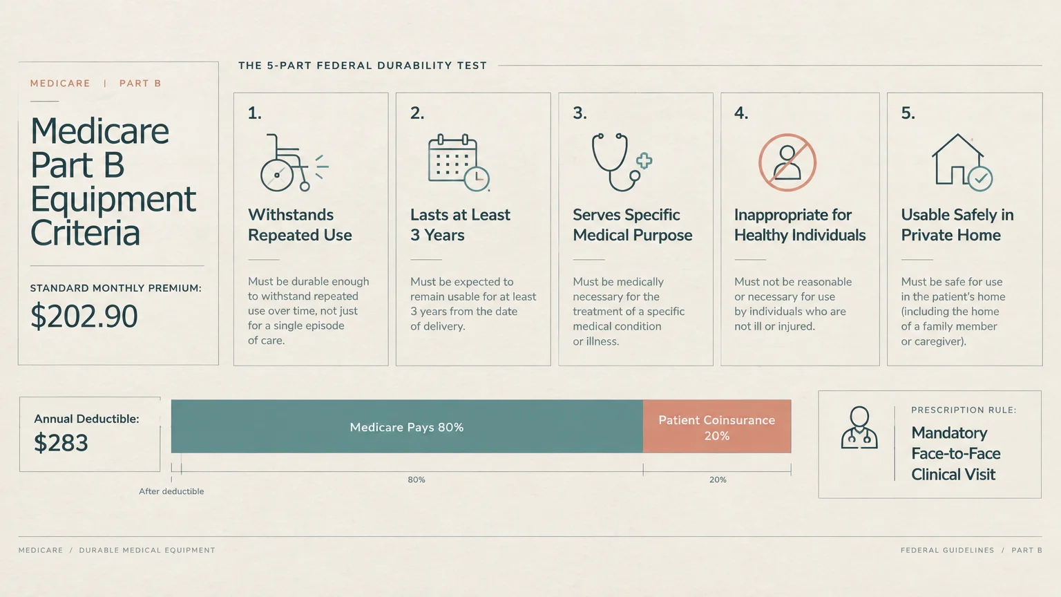 Diagram outlining Medicare Part B equipment rules, a five-part durability test, deductibles, coinsurance, and doctor visits.
