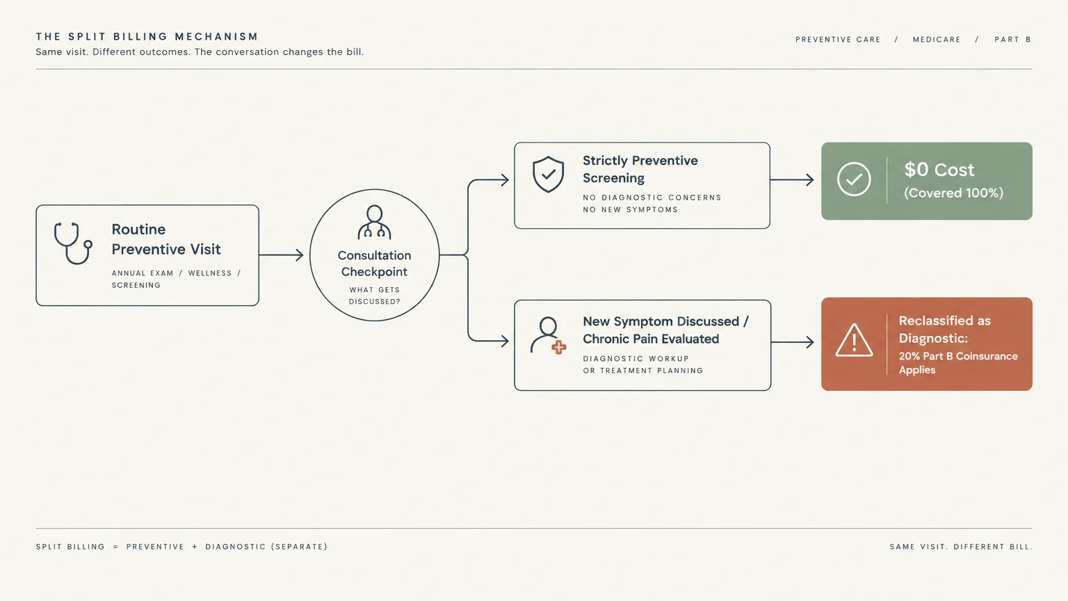 Flowchart showing how discussing new symptoms during a preventive visit triggers reclassification to diagnostic billing.