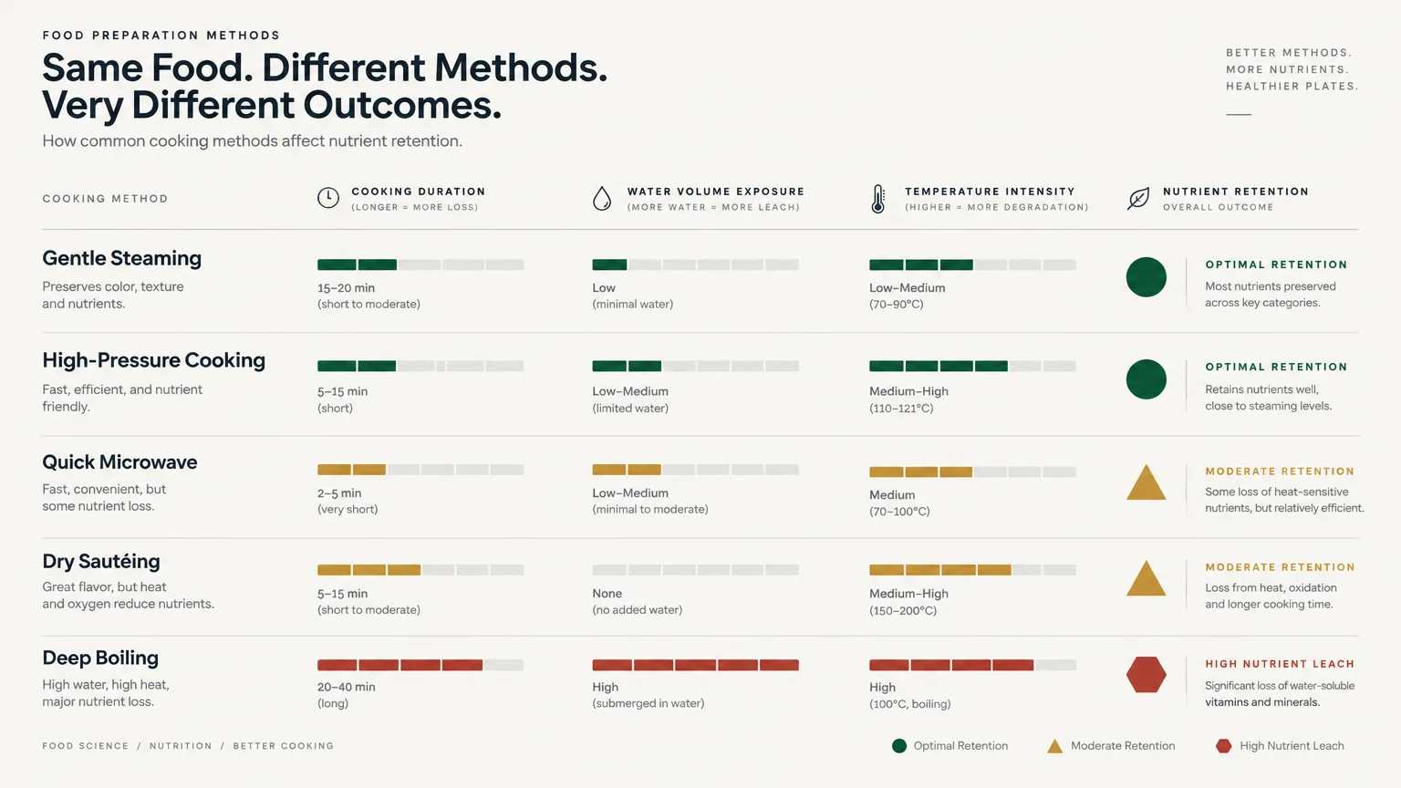 Chart comparing five cooking methods across duration, water exposure, temperature, and nutrient retention outcomes.