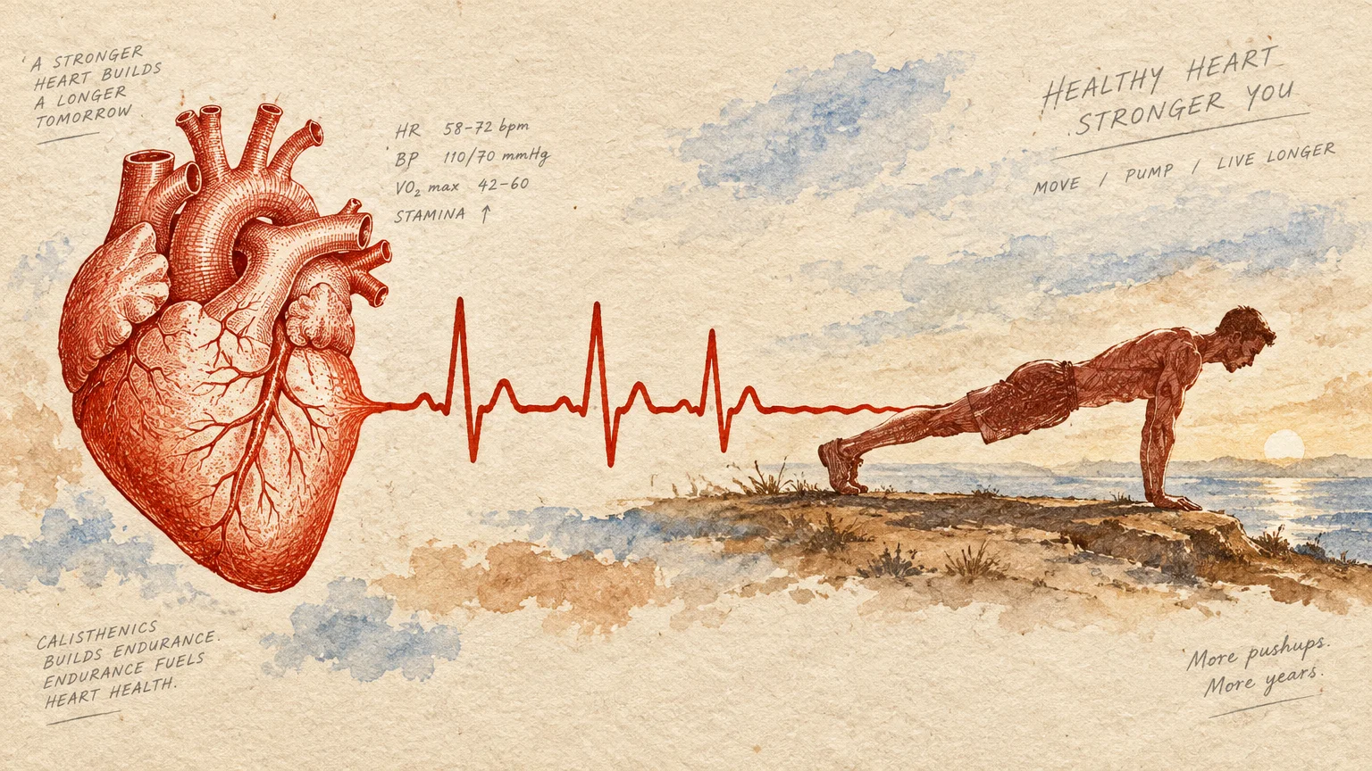 Illustration of an anatomical heart connected by an EKG line to a man holding a pushup plank outdoors.