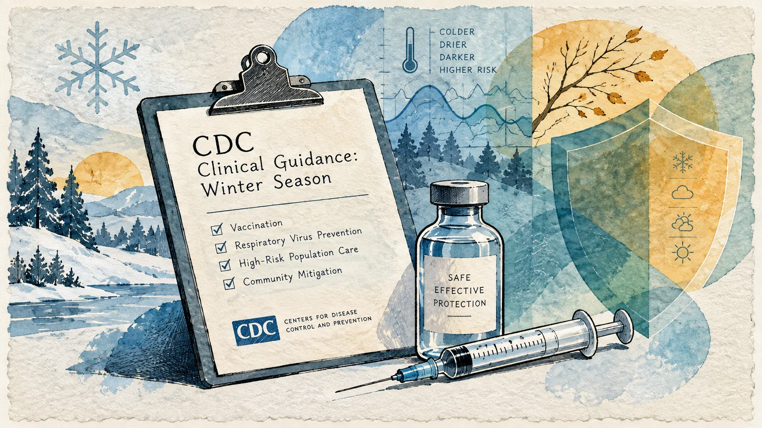 Illustration of a CDC winter guidance clipboard, vaccine vial, syringe, and protective shield over a snowy landscape.