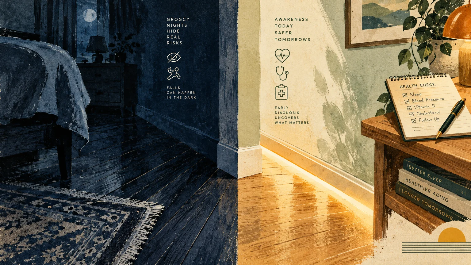 Split illustration contrasting a dark nighttime bedroom on the left with a brightly lit daytime room and checklist on the right.