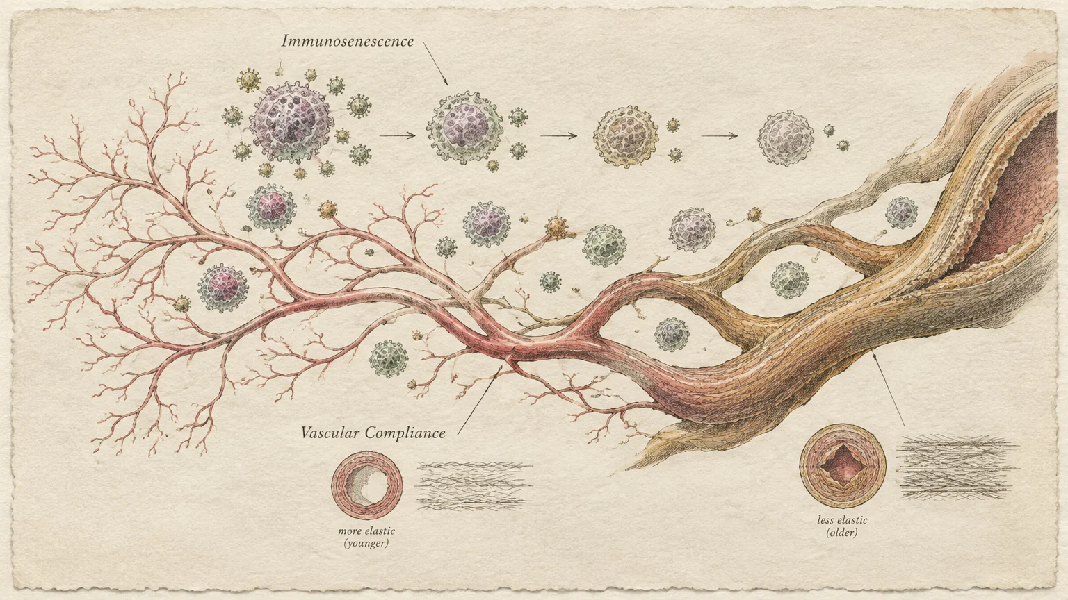 Medical illustration contrasting younger elastic blood vessels and immune cells with stiff, aging vascular structures.