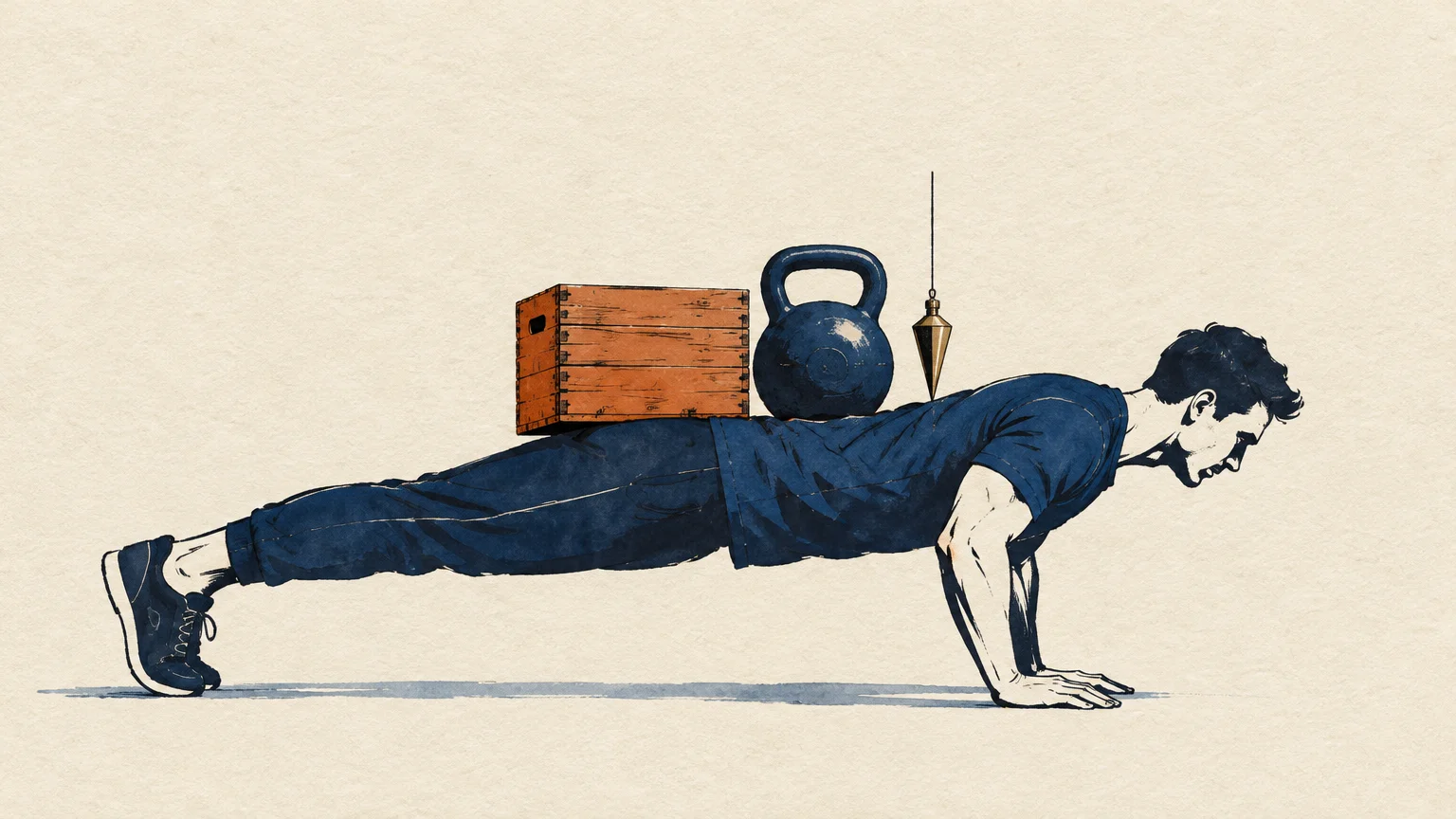 Illustration of a man holding a plank with a wooden crate, kettlebell, and plumb bob balanced along his back.