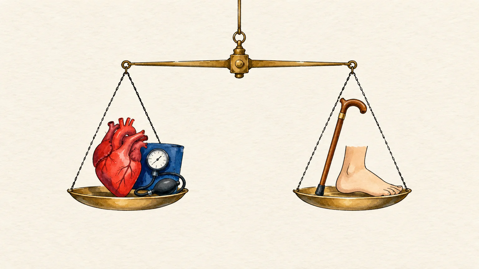Illustration of a balance scale with a heart and blood pressure cuff on one side, and a cane and foot on the other.