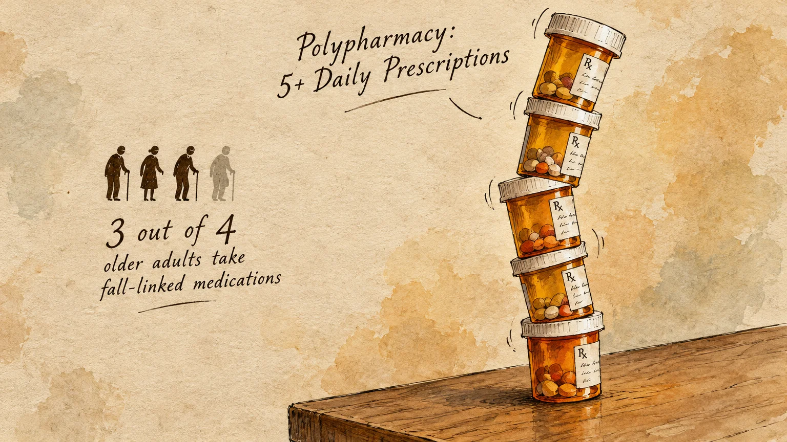 Precarious, leaning stack of five prescription pill bottles on a wooden ledge beside hand-drawn infographic text.