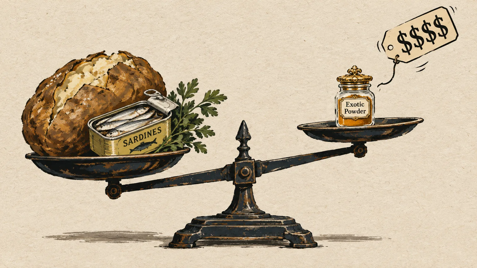 Balance scale showing a baked potato and canned sardines outweighing a small, expensive jar labeled exotic powder.