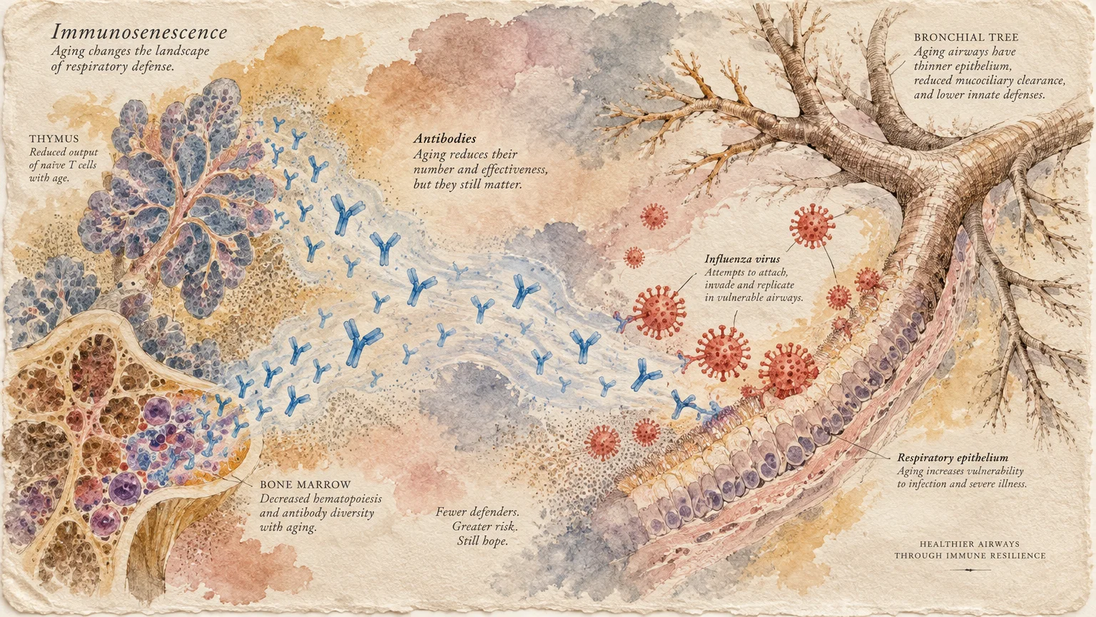 Illustrated medical diagram on parchment paper showing immunosenescence, antibodies, and influenza viruses in respiratory airways.